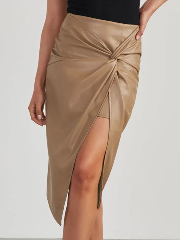 Aria Asymmetric Leather Midi Skirt