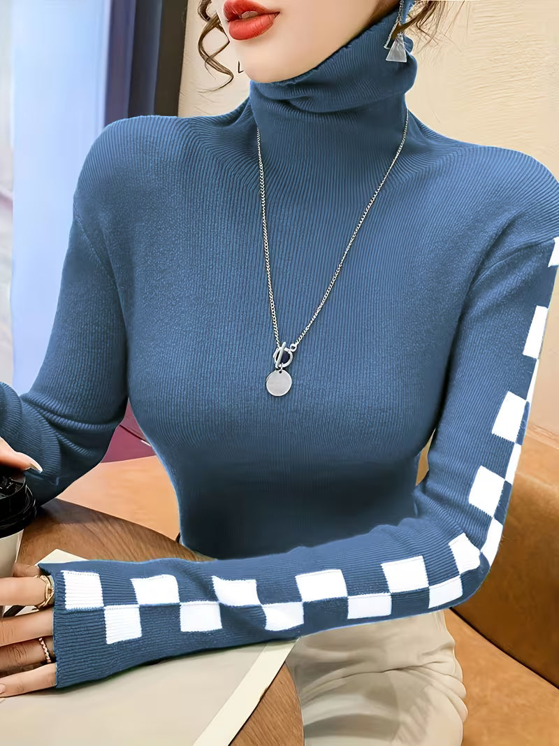 Check Sleeve High-Neck Sweater